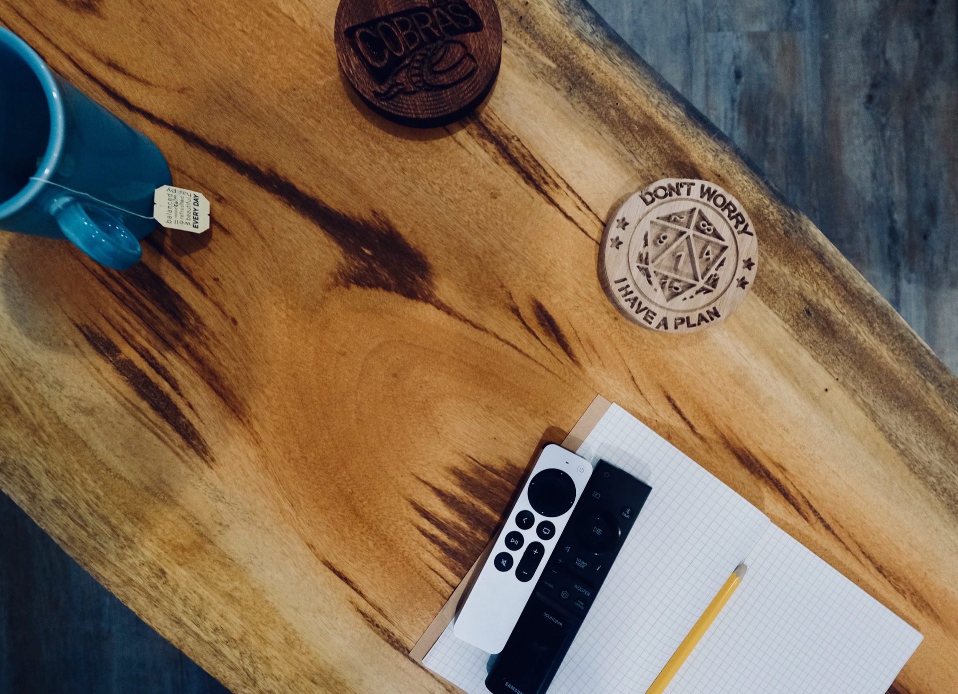 Wooden coasters on live edge table